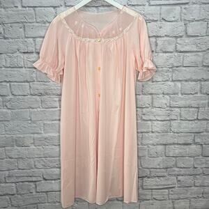 Vintage 50/60s Pink Button Front Nylon Robe Size S Floral Lace Ruffle 41" long